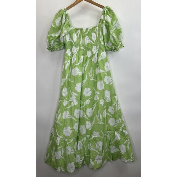 Sabo Allani Midi Dress Green and White Floral Smocked Size 8 US Large - Picture 3 of 10